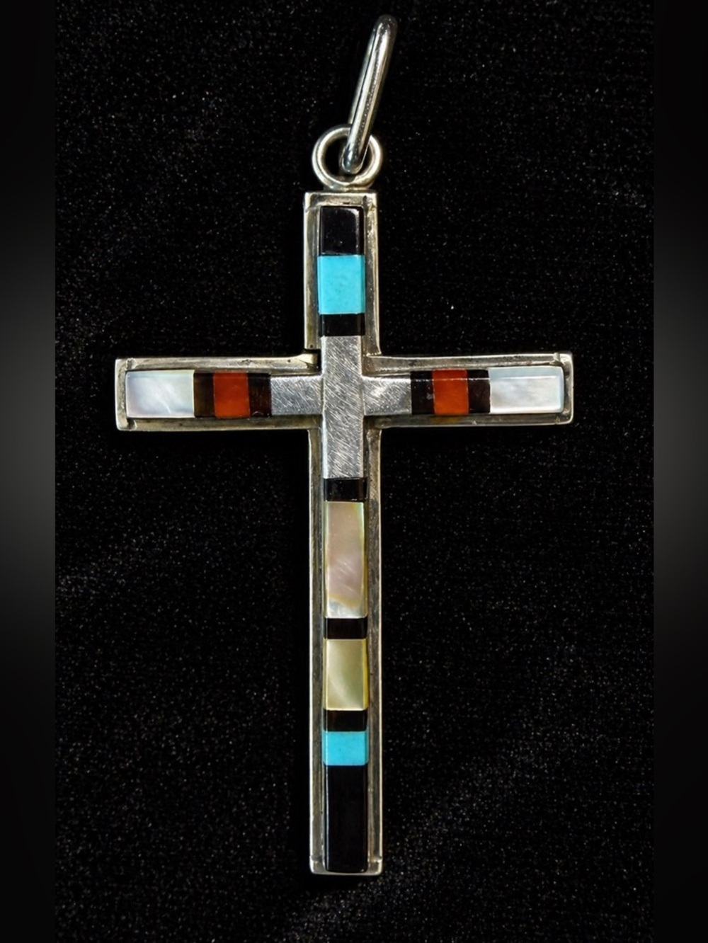Signed JW Mahooty Zuni Inlay Cross Pendant Tested Silver Turquoise Coral 2.25”